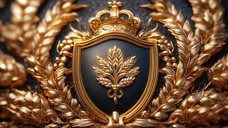 Gold shield with a crown on a black background. Close-up.の素材