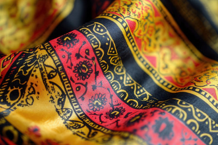 Texture, background, pattern. Silk fabric with a pattern of yellow, red and black linesの素材
