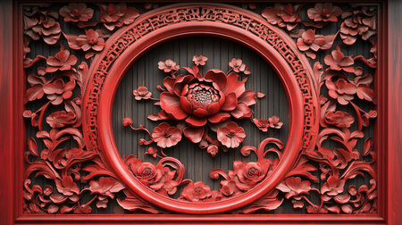 Beautiful carved wood door with floral ornament. 3D rendering.の素材