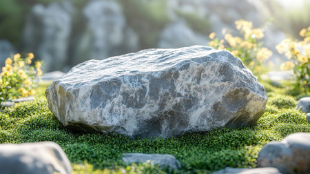 Stone in the garden with green grass and flower background, nature conceptの素材