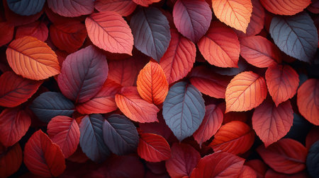 Colorful autumn leaves background. Red, orange and blue leaves.の素材