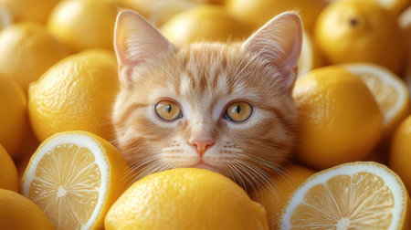 Cute ginger kitten and lemons on light background, closeupの素材