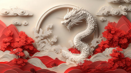 Chinese dragon paper cut style, red and white color, 3d renderingの素材