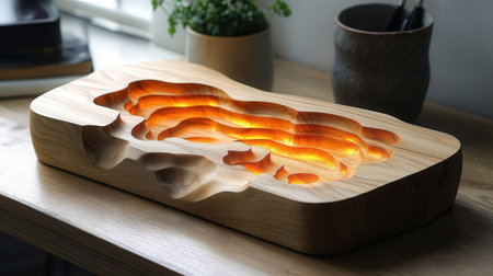 Wooden cutting board with hot sausages on table in kitchenの素材