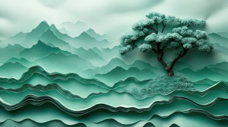 3D illustration of an abstract landscape with a tree in the middleの素材