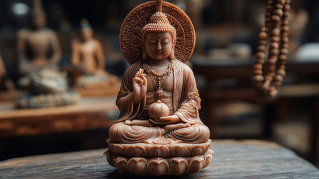 Buddha statue made of clay on wooden table, selective focusの素材