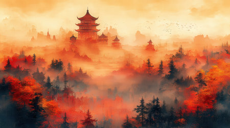 Fantasy landscape with pagoda and foggy forest in the morningの素材