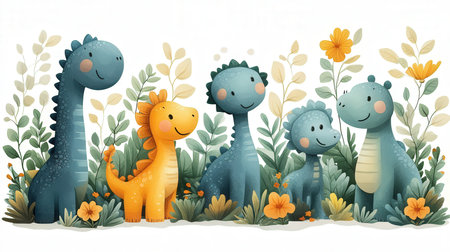Cute dinosaurs and flowers in the garden. Cartoon vector illustration.の素材
