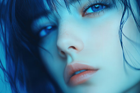 Portrait of a beautiful young brunette woman with blue eyes.の素材