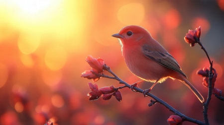 Red bird sitting on a branch in the rays of the setting sunの素材