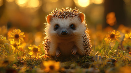hedgehog in the forest at sunset, close-up portraitの素材