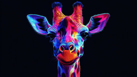 Giraffe head with neon effect on black background. 3D renderingの素材