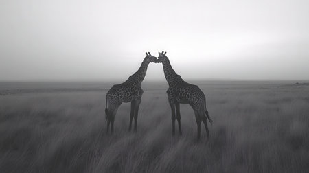 Two giraffes in the savannah at sunrise - 3D renderの素材