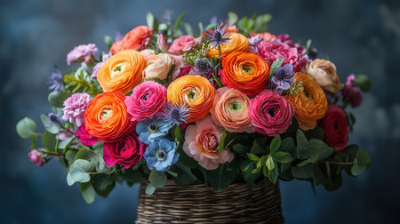 Beautiful bouquet of mixed flowers in a wicker vaseの素材
