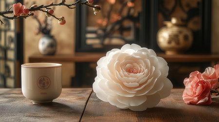 Cup of tea with artificial flower on wooden table, closeupの素材