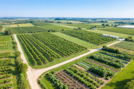 Aerial view of the vineyards in the countryside of Latvia.の素材