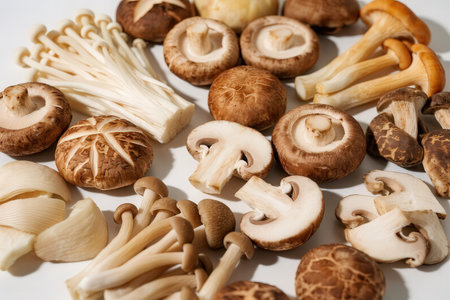 Mushroom champignons and shiitake mushrooms on white backgroundの素材