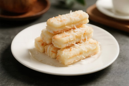 Plate with tasty coconut bread on table, closeup. Delicious breakfastの素材