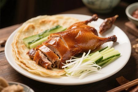 chinese cuisine, roast duck with cucumber and sesame seedsの素材