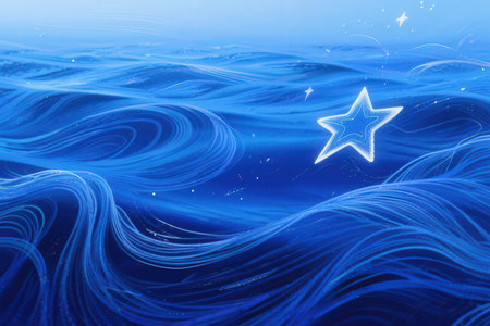 christmas star on blue sea water with waves, 3d illustrationの素材