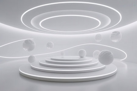 Abstract white interior with round podiums. 3d render. Futuristic backgroundの素材