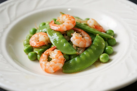 Stir-fried green peas with shrimps on white plateの素材