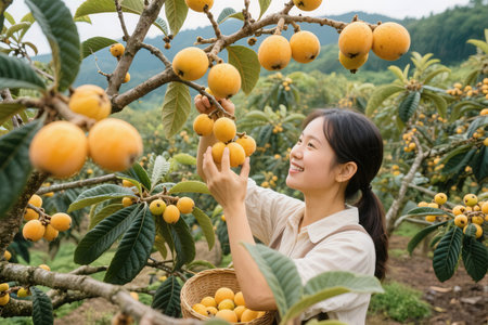 Asian woman picking loquat fruit in loquat farm.の素材