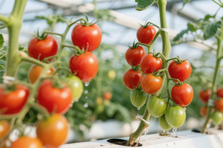 Cherry tomatoes growing in a greenhouse. Ripe tomatoes in a greenhouseの素材