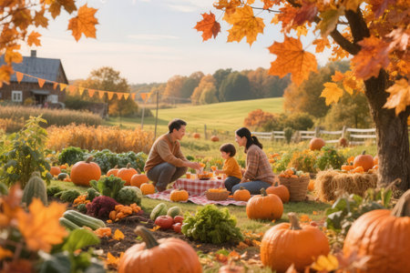 Happy family sitting on a plaid in a pumpkin patch on a sunny autumn dayの素材