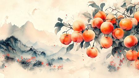 Watercolor painting of plum tree with fruits and mountains on background.の素材