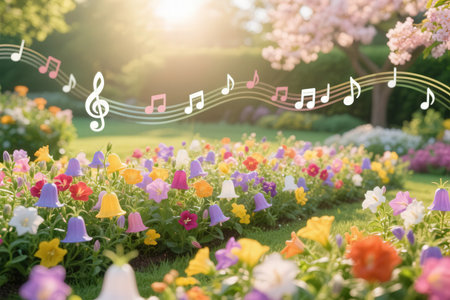 Beautiful spring flowers and music notes in the garden. Nature backgroundの素材