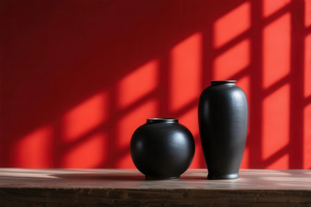 Black ceramic vase on wooden table and red wall with sunlight.の素材