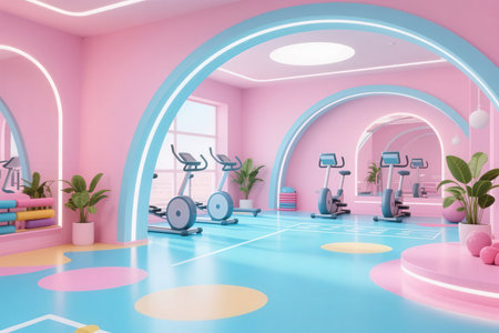 Interior of a modern fitness center with pink walls, blue floor, pink ceiling and fitness equipment. 3d renderingの素材