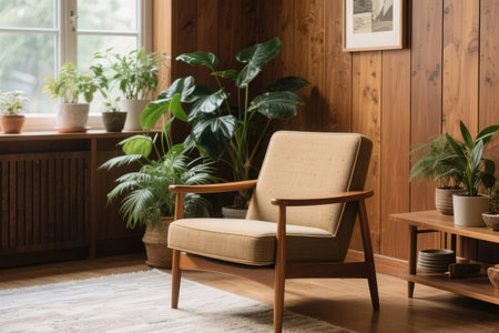 Comfortable armchair in modern living room interior with plants. Space for textの素材