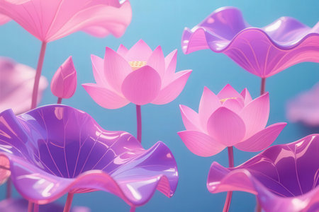 Pink lotus flowers on blue background, 3d rendering. Computer digital drawing.の素材