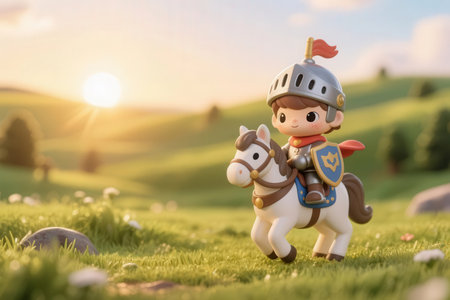 Toy knight with a horse in the meadow on sunset background.の素材