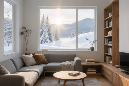 Interior of a living room with a view of the mountains. 3d renderingの素材