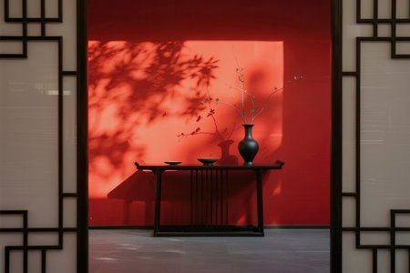 Chinese style room with red wall and vase in the foreground.の素材