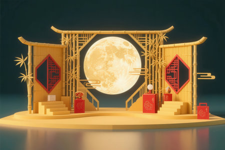 Chinese New Year lanterns at night with full moon, 3d renderingの素材