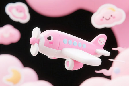 Plastic toy airplane on a black background with pink orchid flowersの素材