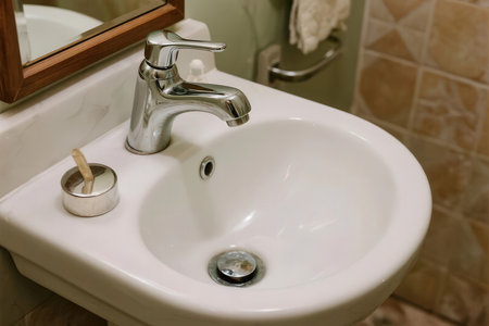 Close up of sink and faucet in bathroom. Selective focus.の素材