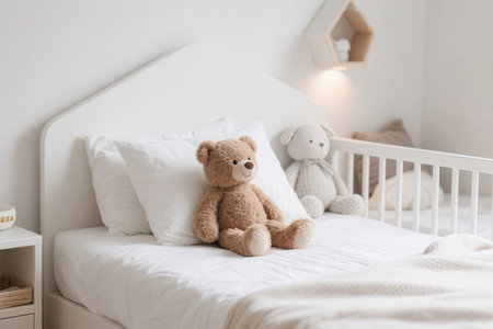 Cute teddy bear on bed in children's room. Interior designの素材