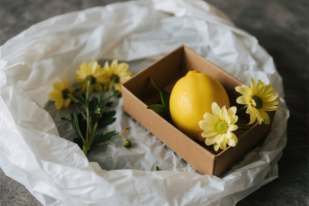 Box with fresh lemons and flowers on gray table, closeupの素材