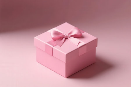 Pink gift box with pink bow on pink background. Copy space.の素材