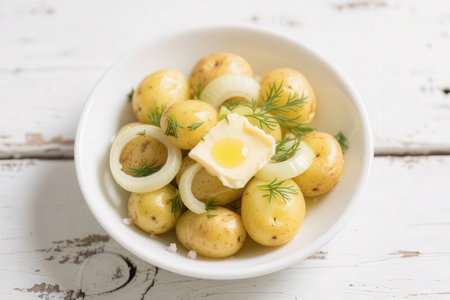 boiled potatoes with butter and dill on a white wooden backgroundの素材