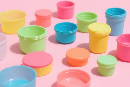 Colorful plastic cups on pastel pink background. Minimal concept.の素材