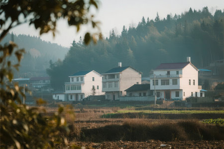 Houses in a village in the middle of a foggy morningの素材