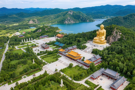 Aerial view of a big golden buddha statue on the lakeの素材