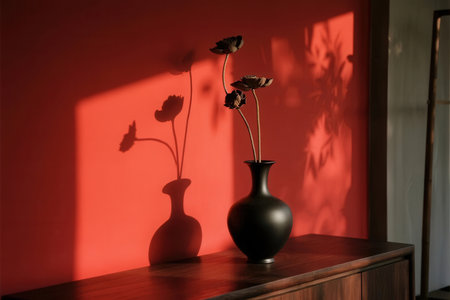 Vase with dry flowers on a table in a room with red wallの素材