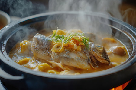 Steamed sea bass fish in hot pot, Japanese style food.の素材